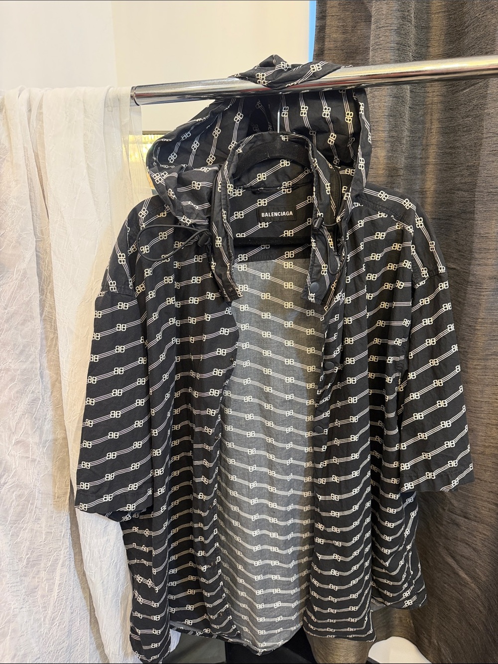 Balenciaga Black Short-Sleeve Button-Down with White Monogram Chain Pattern